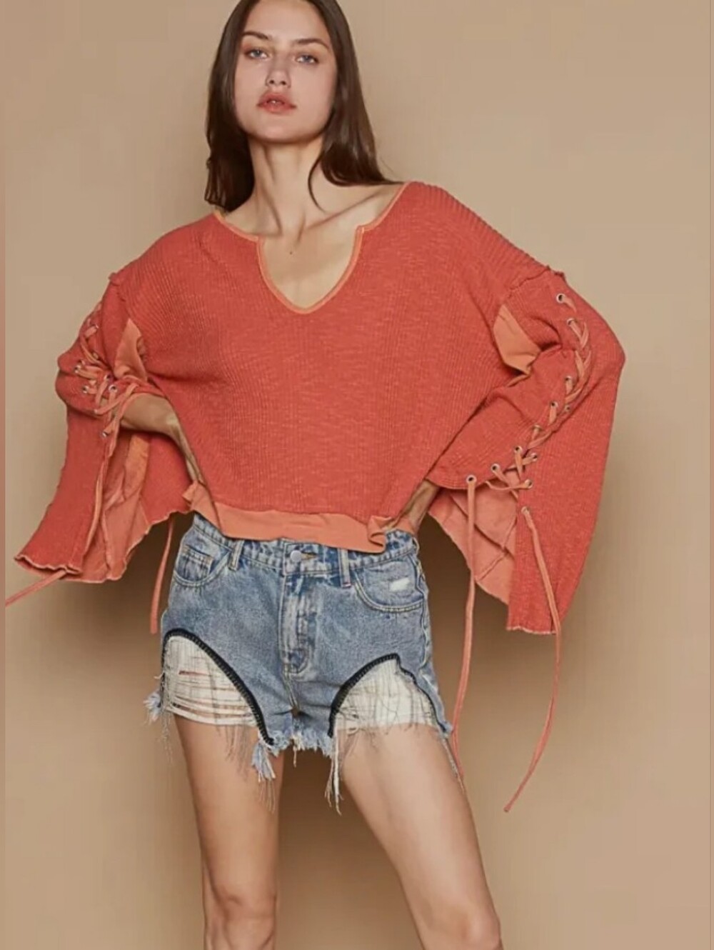 POL Cozy Corset Sided Tie Long Sleeve In Rust